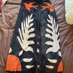 Black Wide-Leg Graphic Print Pants with Orange and Cream Accents